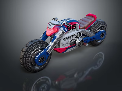 Wulong Motorcycle With Blue Red White Body Brown Seat And Large Tires 3d model