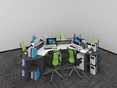 Modern Modular Office Desk Setup With Green Chairs Computer Monitors And Shelves 3d model