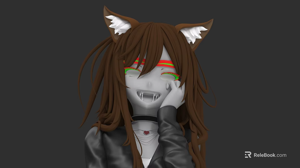 Anime Style Character With Brown Cat Ears Long Hair And Colorful Striped Eyes 3d model 