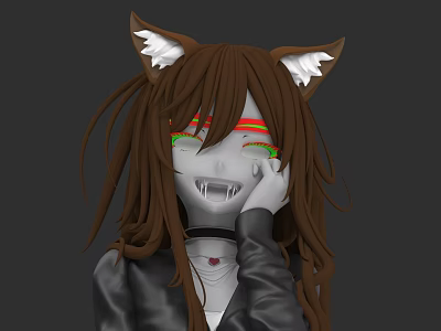 Anime Style Character With Brown Cat Ears Long Hair And Colorful Striped Eyes 3d model