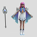 Detailed Pink Haired Winged Fantasy Character In White Blue Outfit With Magic Staff