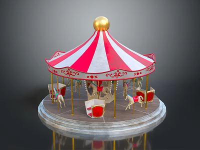 Kids Carousel With Red And White Striped Tent Golden Top And Decorative Horses 3d model