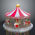 Kids Carousel With Red And White Striped Tent Golden Top And Decorative Horses