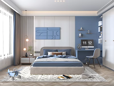 Modern Kids Room Interior With Blue Bed Decorative Artwork Perforated Board Desk And Toys 3d model