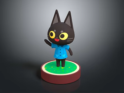 Black Cartoon Cat Figurine Wearing Blue Shirt Standing On Round Green Base With Red Edge 3d model