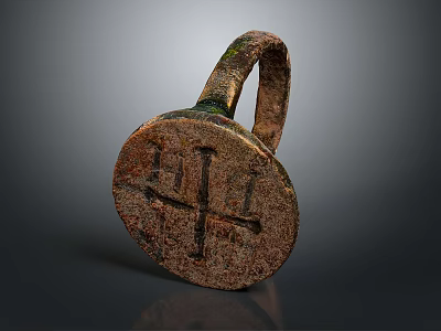 Ancient Metal Sculpture With Carved Circular Design And Ring Handle Cross Patterns 3d model