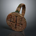 Ancient Metal Sculpture With Carved Circular Design And Ring Handle Cross Patterns