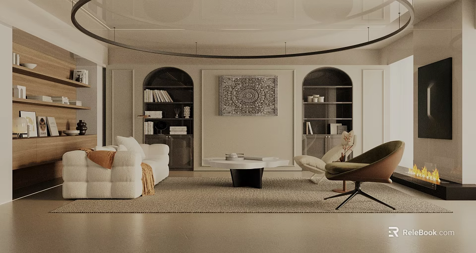 Modern Living Room Interior With White Sofa Round Coffee Table And Decorative Painting 3d model 