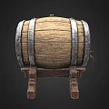 Industrial Equipment Wooden Barrel With Metal Hoops On Wooden Stand And Faucet