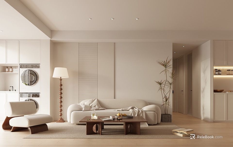 Modern Minimalist Living Room Interior With White Sofa Wooden Coffee Table And Floor Lamp 3d model 