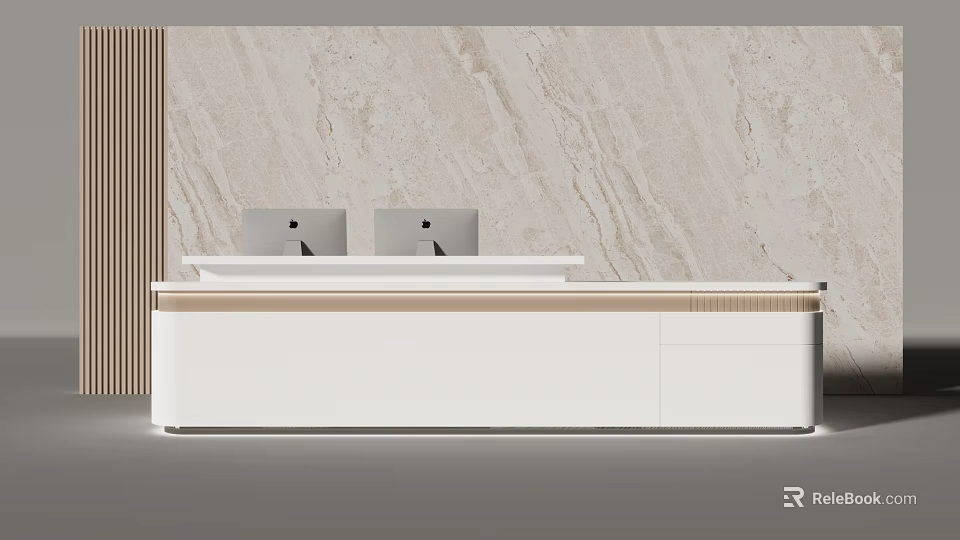 Modern White Reception Desk With Two Monitors Wooden Accent And Marble Wall 3d model 