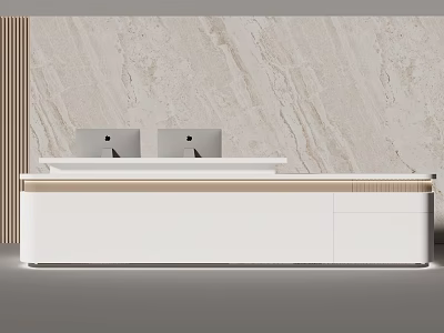 Modern White Reception Desk With Two Monitors Wooden Accent And Marble Wall 3d model