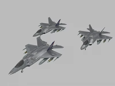 Three Gray Military Fighter Jets Flying in Formation with Weapons 3d model