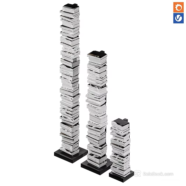 Stacked Books and Magazines with Three Different Height Columns on Black Bases 3d model 