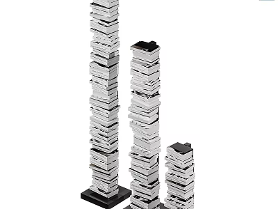Stacked Books and Magazines with Three Different Height Columns on Black Bases 3d model