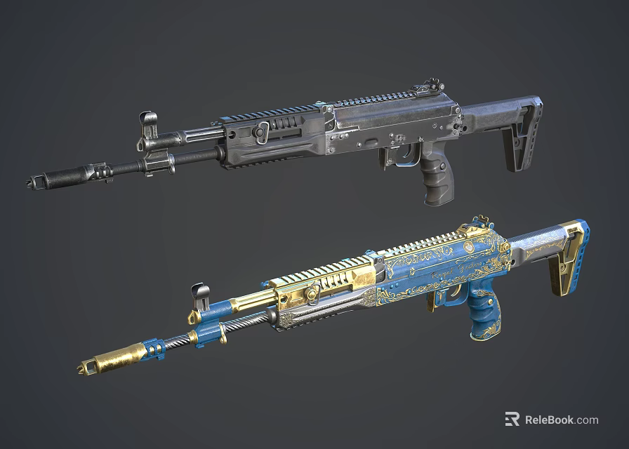 Pair Of Modern Tactical Firearms With Black And Blue Gold Pattern Design 3d model 