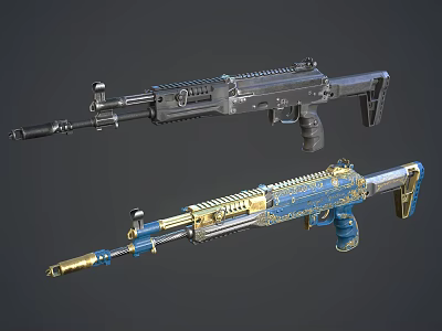 Pair Of Modern Tactical Firearms With Black And Blue Gold Pattern Design 3d model