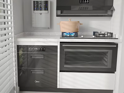 Modern Kitchen Interior With Gas Stove Oven Range Hood Water Dispenser And Marble Countertop 3d model