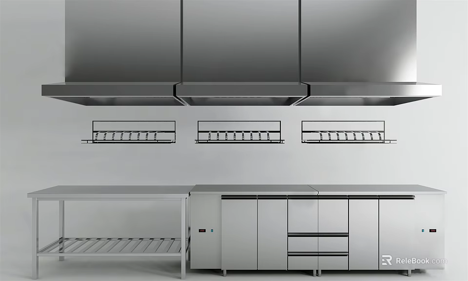 Stainless Steel Kitchen Appliances With Cabinets Range Hood Shelves And Worktable 3d model 