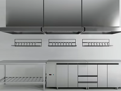 Stainless Steel Kitchen Appliances With Cabinets Range Hood Shelves And Worktable 3d model
