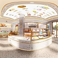 Dessert Shop Interior With Glass Display Cases Marble Countertop Pastries Display And Decorative Ceiling