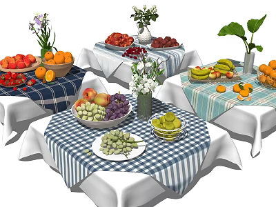 Colorful Assorted Fresh Fruits Displayed On Tables With Checkered Tablecloths And Vases 3d model