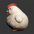 Cute White Chicken With Fluffy Feathers Red Comb And Yellow Beak Feet On Gray Background