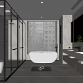 Modern Bathroom With Marble Walls Large Window Blinds Glass Shower And Double Sink Vanity