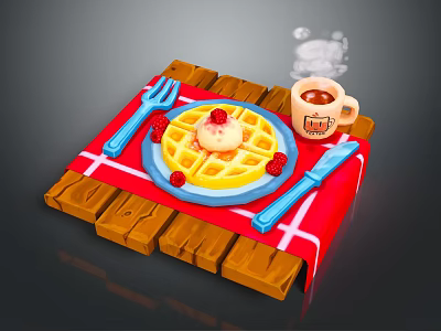 Delicious Waffle With Whipped Cream Strawberries And Hot Coffee On Wooden Tray With Checkered Cloth 3d model