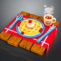 Delicious Waffle With Whipped Cream Strawberries And Hot Coffee On Wooden Tray With Checkered Cloth