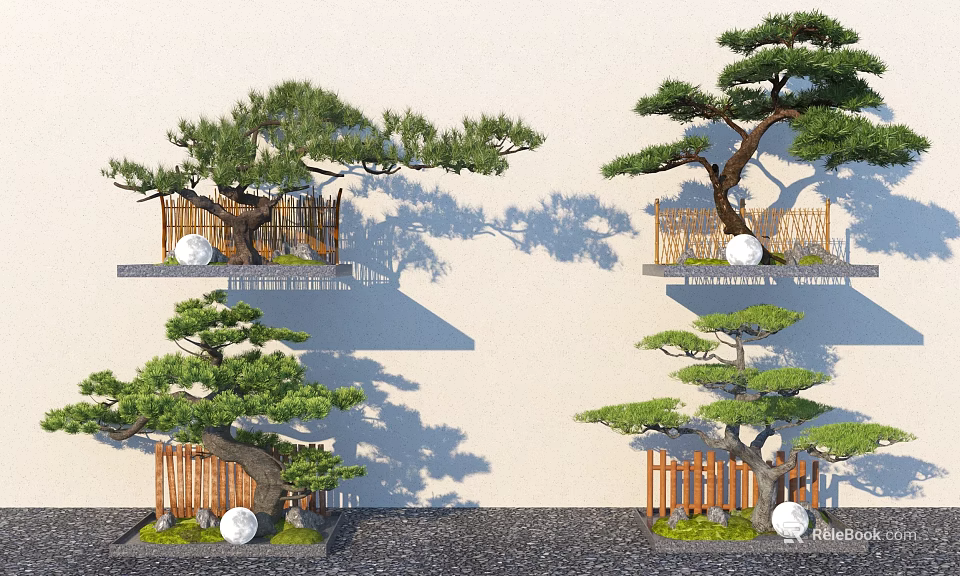 Bonsai Trees in Garden Display with Wooden Fences White Spherical Decorations and Pebble Ground 3d model 