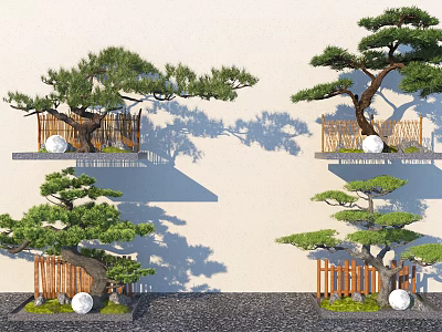 Bonsai Trees in Garden Display with Wooden Fences White Spherical Decorations and Pebble Ground 3d model