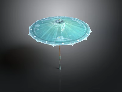 Light Blue Decorative Umbrella With Intricate Patterns White Trimmed Edges And Wooden Handle 3d model