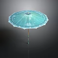 Light Blue Decorative Umbrella With Intricate Patterns White Trimmed Edges And Wooden Handle