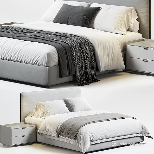 Modern Double Bed with Gray Headboard White Sheets Soft Blanket and Nightstand 3d model 