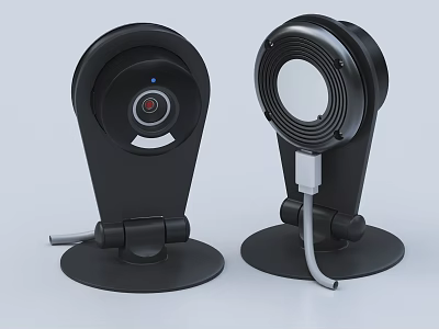 Black Digital Camera Devices With Modern Stand Design And Connected Cable 3d model