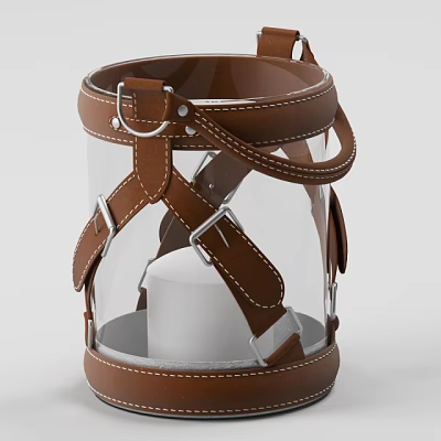 Vintage Candle Lamp With Brown Leather Straps Transparent Glass And Metal Buckles Design 3d model