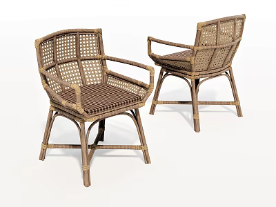 Two Rattan Leisure Chairs With Armrests And Striped Seat Cushions 3d model