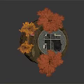 Cartoon Scene With Red House Colorful Autumn Trees Small Building And Circular Base