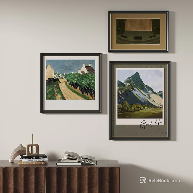 Abstract Paintings Framed On Wall For Interior Decor With Books And Decorative Objects 3d model 