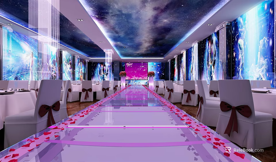 Elegant Banquet Hall With Starry Ceiling Pink Petal Aisle And White Chairs 3d model 