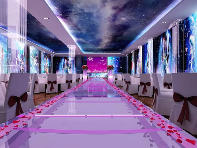 Elegant Banquet Hall With Starry Ceiling Pink Petal Aisle And White Chairs 3d model