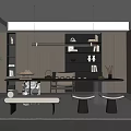 Modern Tea Room Interior With Dark Wood Bookshelves Pendant Lights Plants And Long Table Stools