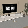 Modern White TV Stand with TV Decorations Clock and Plants in Living Room Interior