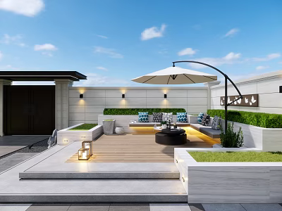 Modern Courtyard Garden With Outdoor Seating Curved Umbrella Wooden Deck Grass And Stone Steps 3d model