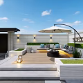 Modern Courtyard Garden With Outdoor Seating Curved Umbrella Wooden Deck Grass And Stone Steps