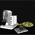 Modern Coffee Machine With Espresso Cup Bowl Of Fresh Limes And Book On Black Table