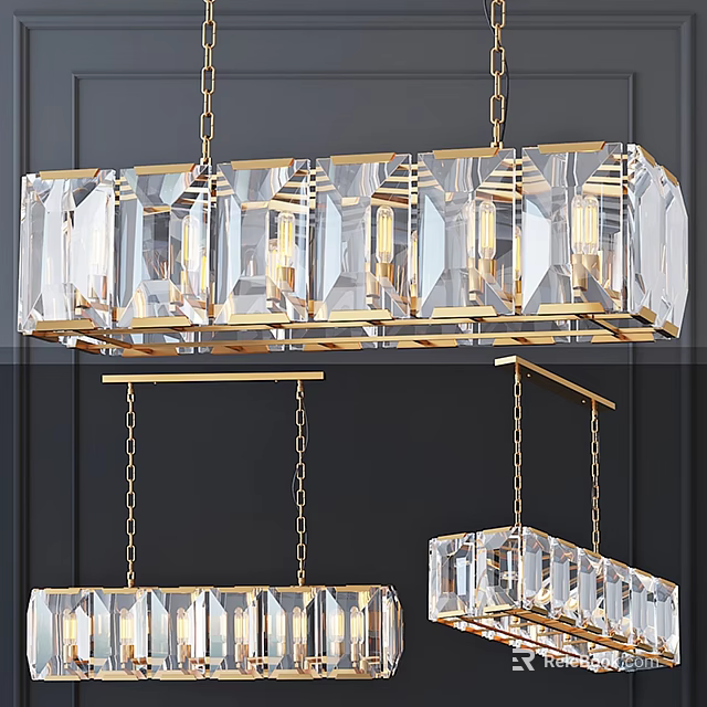 Modern Crystal Chandelier Design With Gold Frame And Rectangular Transparent Crystals 3d model