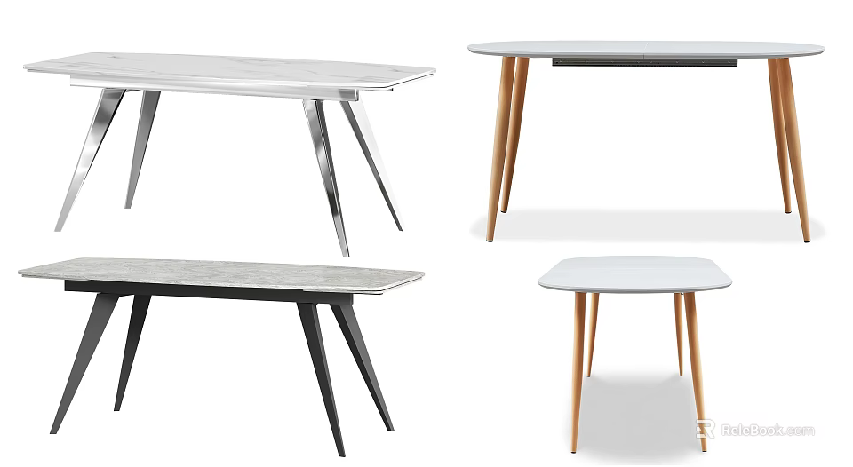Modern Dining Tables With Modern Design Metal Wooden Legs And White Gray Tops 3d model 