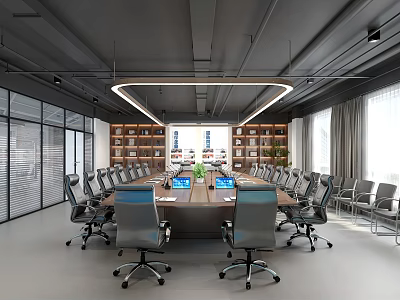 Modern Office Meeting Room With Long Table Chairs Bookshelves Large Screen Glass Partitions Pendant Lights 3d model